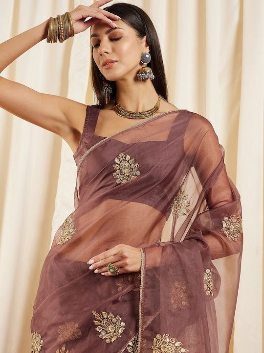 Mauve Floral Embroidered Sequinned Organza Saree - Inddus.com