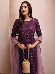 Mauve Floral Embroidered Thread Work Chanderi Cotton Kurta Set - Inddus.com