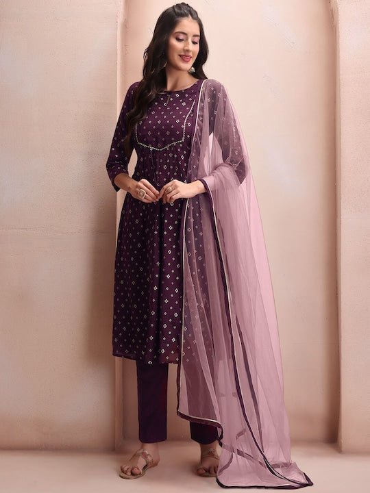 Mauve Floral Embroidered Thread Work Chanderi Cotton Kurta Set - Inddus.com