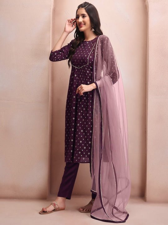 Mauve Floral Embroidered Thread Work Chanderi Cotton Kurta Set - Inddus.com