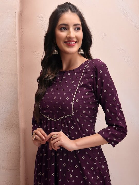 Mauve Floral Embroidered Thread Work Chanderi Cotton Kurta Set - Inddus.com