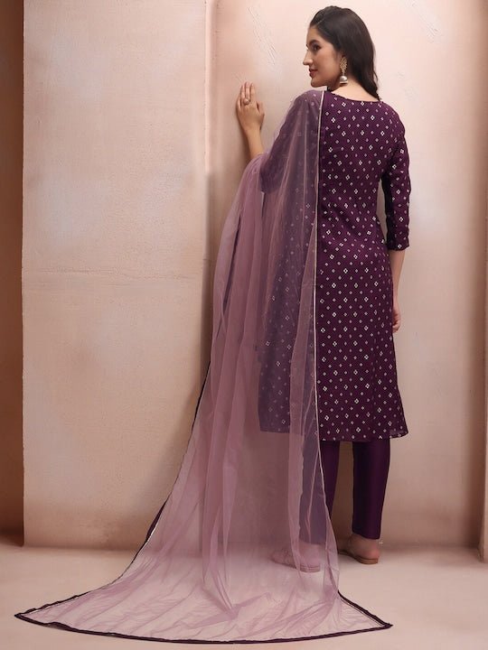 Mauve Floral Embroidered Thread Work Chanderi Cotton Kurta Set - Inddus.com