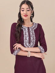 Mauve Floral Embroidered Thread Work Straight Kurta & Trousers With Dupatta - Inddus.com