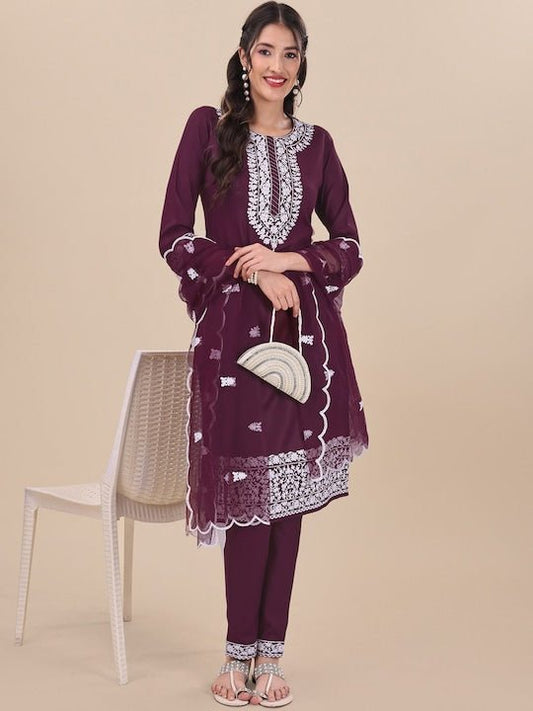 Mauve Floral Embroidered Thread Work Straight Kurta & Trousers With Dupatta - Inddus.com