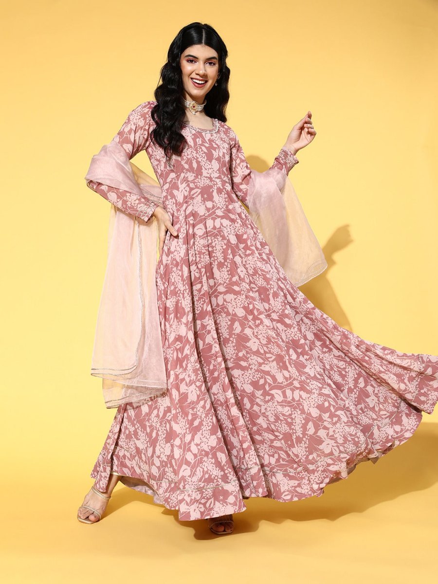 Mauve Floral Printed Anarkali Kurta with Net Dupatta - Inddus.com