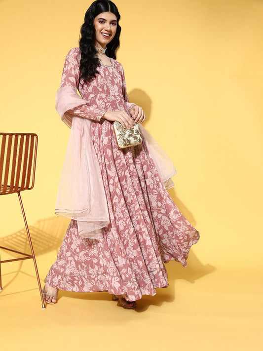 Mauve Floral Printed Anarkali Kurta with Net Dupatta - Inddus.com