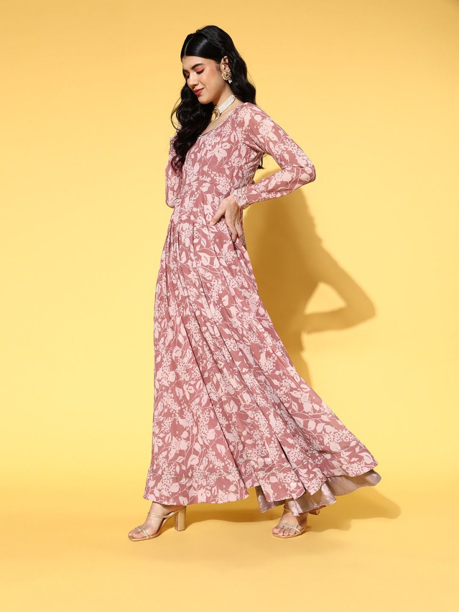 Mauve Floral Printed Anarkali Kurta with Net Dupatta - Inddus.com