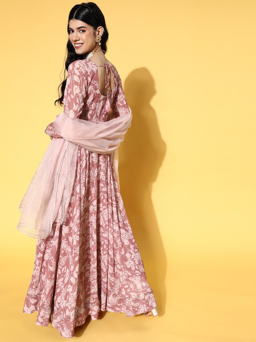 Mauve Floral Printed Anarkali Kurta with Net Dupatta - Inddus.com