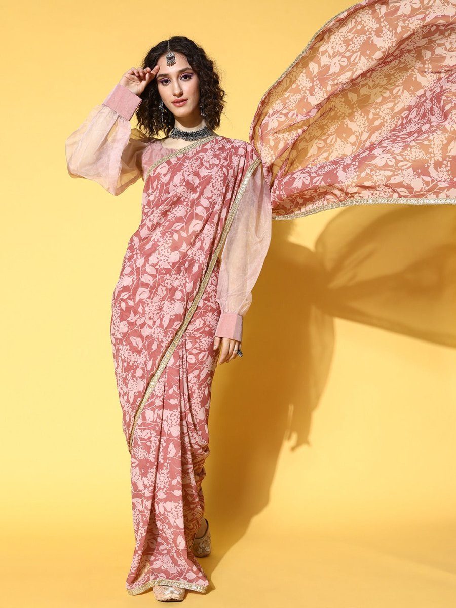 Mauve Floral Printed Georgette Saree with Organza Blouse Piece - Inddus.com