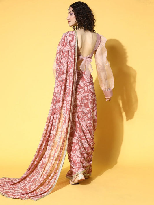 Mauve Floral Printed Georgette Saree with Organza Blouse Piece - Inddus.com