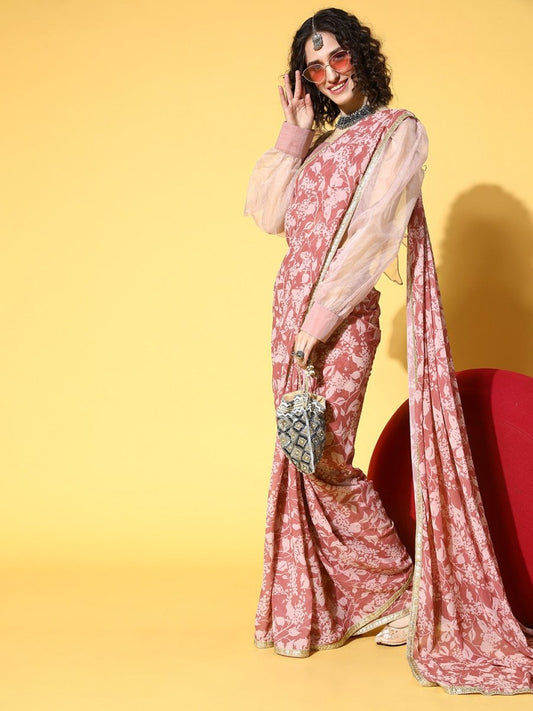 Mauve Floral Printed Georgette Saree with Organza Blouse Piece - Inddus.com