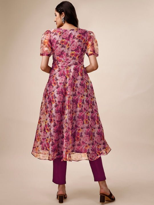 Mauve Floral Printed Puff Sleeves Kurta with Trousers - Inddus.com