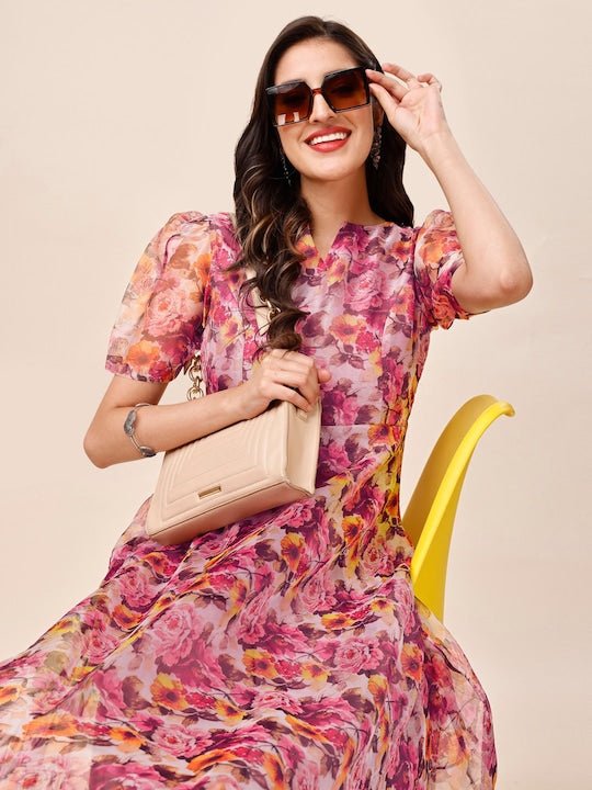 Mauve Floral Printed Puff Sleeves Kurta with Trousers - Inddus.com