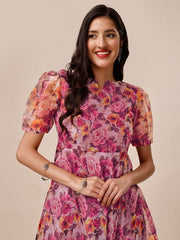 Mauve Floral Printed Puff Sleeves Kurta with Trousers - Inddus.com