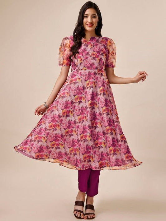 Mauve Floral Printed Puff Sleeves Kurta with Trousers - Inddus.com