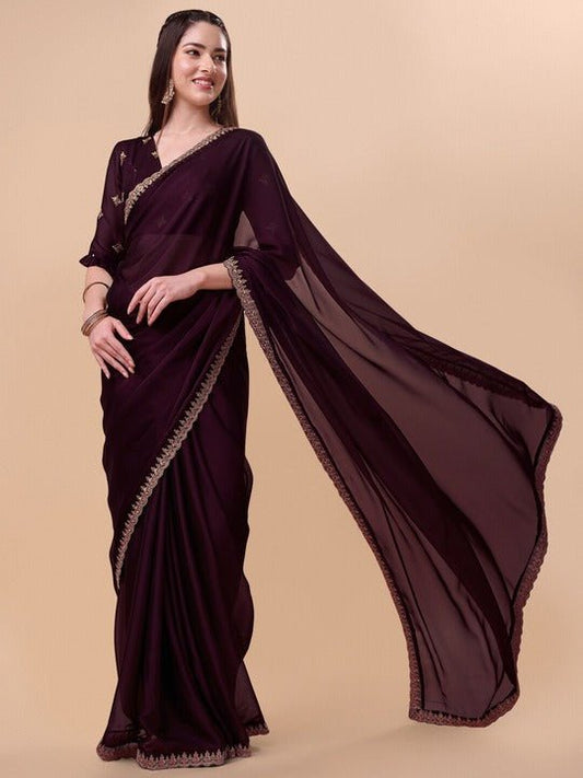 Mauve & Gold-Toned Embroidered Saree - Inddus.com