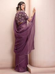 Mauve & Gold-Toned Geometric Embellished Mukaish Organza Saree