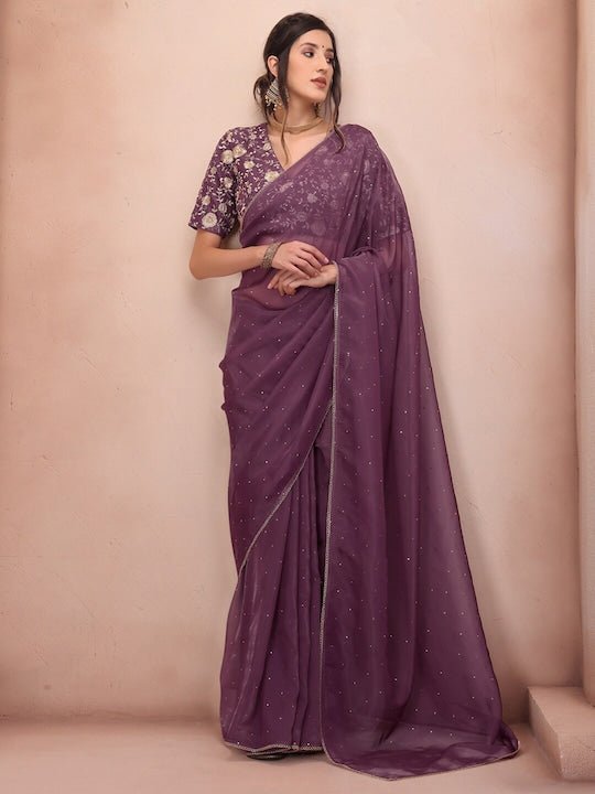 Mauve & Gold-Toned Geometric Embellished Mukaish Organza Saree