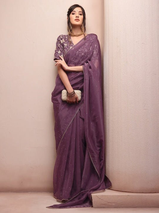 Mauve & Gold-Toned Geometric Embellished Mukaish Organza Saree