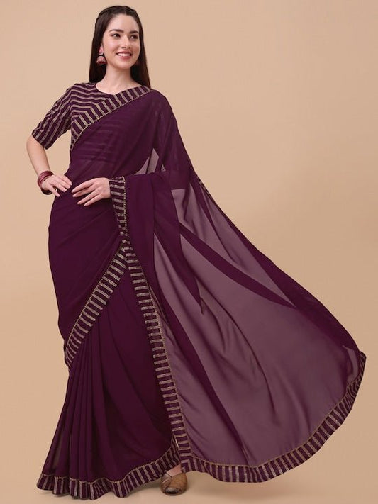 Mauve & Gold-Toned Sequinned Saree - Inddus.com