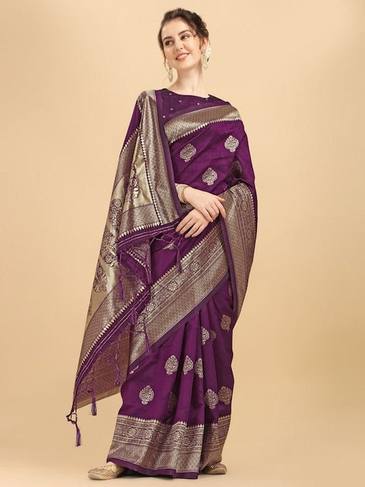 Mauve & Gold-Toned Woven Design Zari Silk Blend Saree