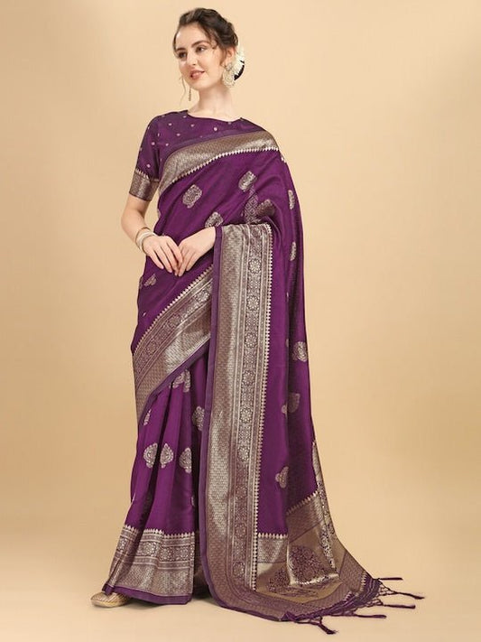 Mauve & Gold-Toned Woven Design Zari Silk Blend Saree