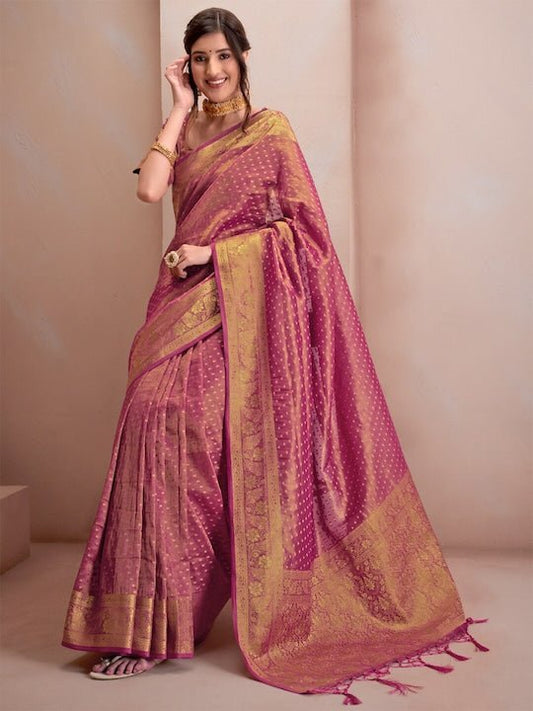 Mauve & Gold-Toned Woven Design Zari Tissue Kanjeevaram Saree - Inddus.com