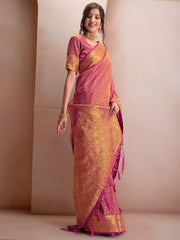 Mauve & Gold-Toned Woven Design Zari Tissue Kanjeevaram Saree - Inddus.com