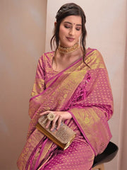 Mauve & Gold-Toned Woven Design Zari Tissue Kanjeevaram Saree - Inddus.com