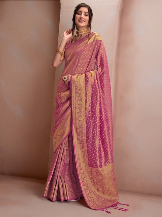 Mauve & Gold-Toned Woven Design Zari Tissue Kanjeevaram Saree - Inddus.com