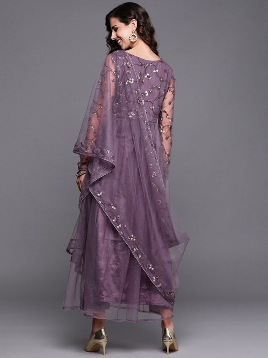 Mauve High Slit Kurta with Trouser and Dupatta - Inddus.com