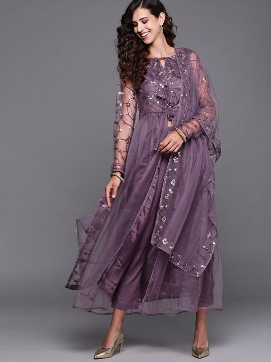 Mauve High Slit Kurta with Trouser and Dupatta - Inddus.com