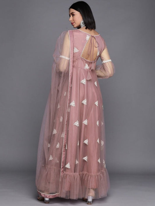 Mauve Net Anarkali Ruffled Kurta with Dupatta - Inddus.com