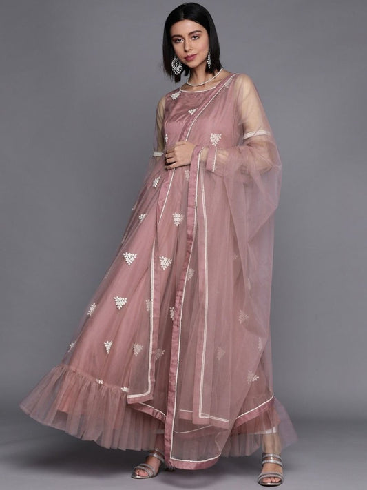 Mauve Net Anarkali Ruffled Kurta with Dupatta - Inddus.com