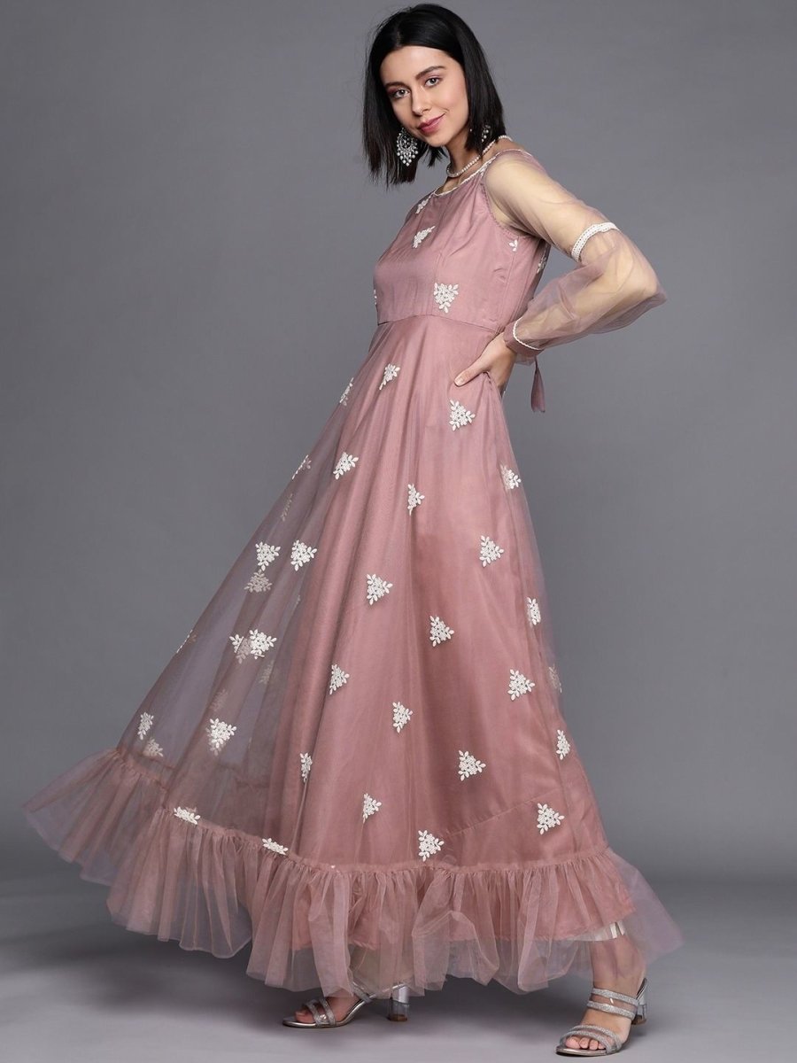 Mauve Net Anarkali Ruffled Kurta with Dupatta - Inddus.com