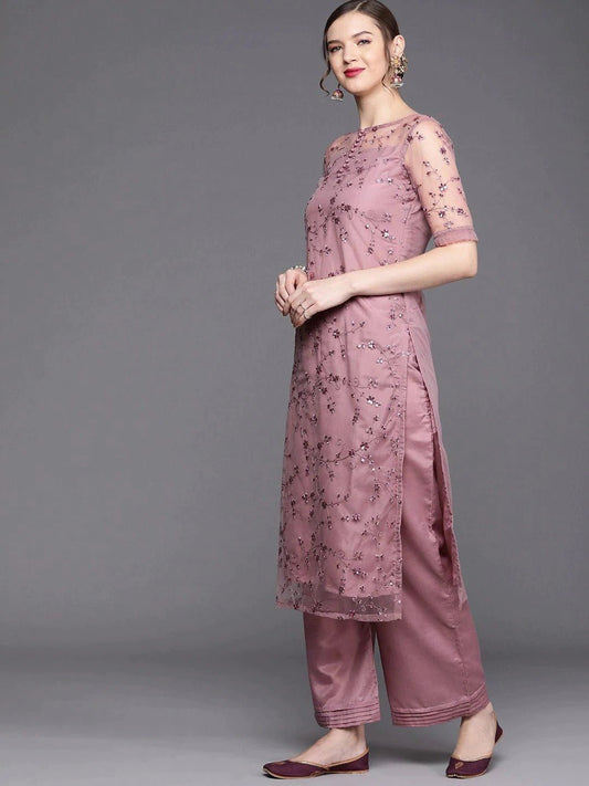 Mauve Net Embroidered Kurta with pant and Ruffled Dupatta - Inddus.com