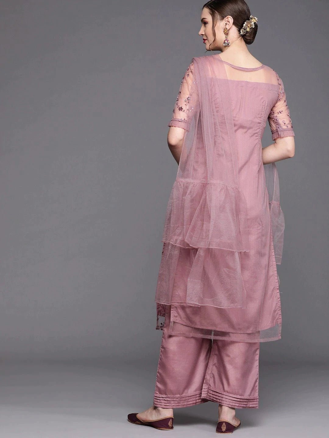 Mauve Net Embroidered Kurta with pant and Ruffled Dupatta - Inddus.com