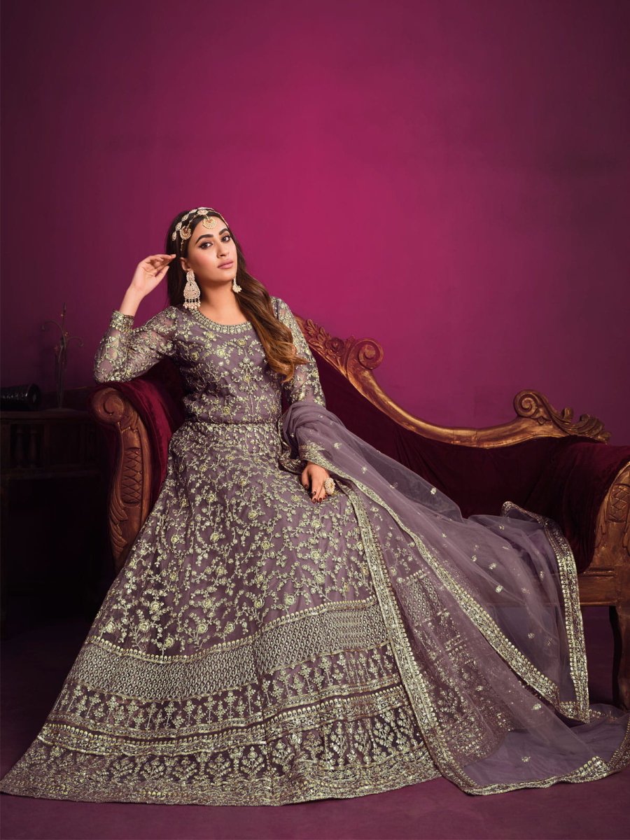 Mauve Net Partywear Anarkali-Suit - Inddus.com