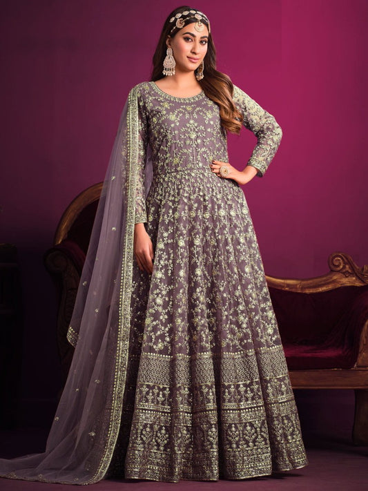 Mauve Net Partywear Anarkali-Suit - Inddus.com