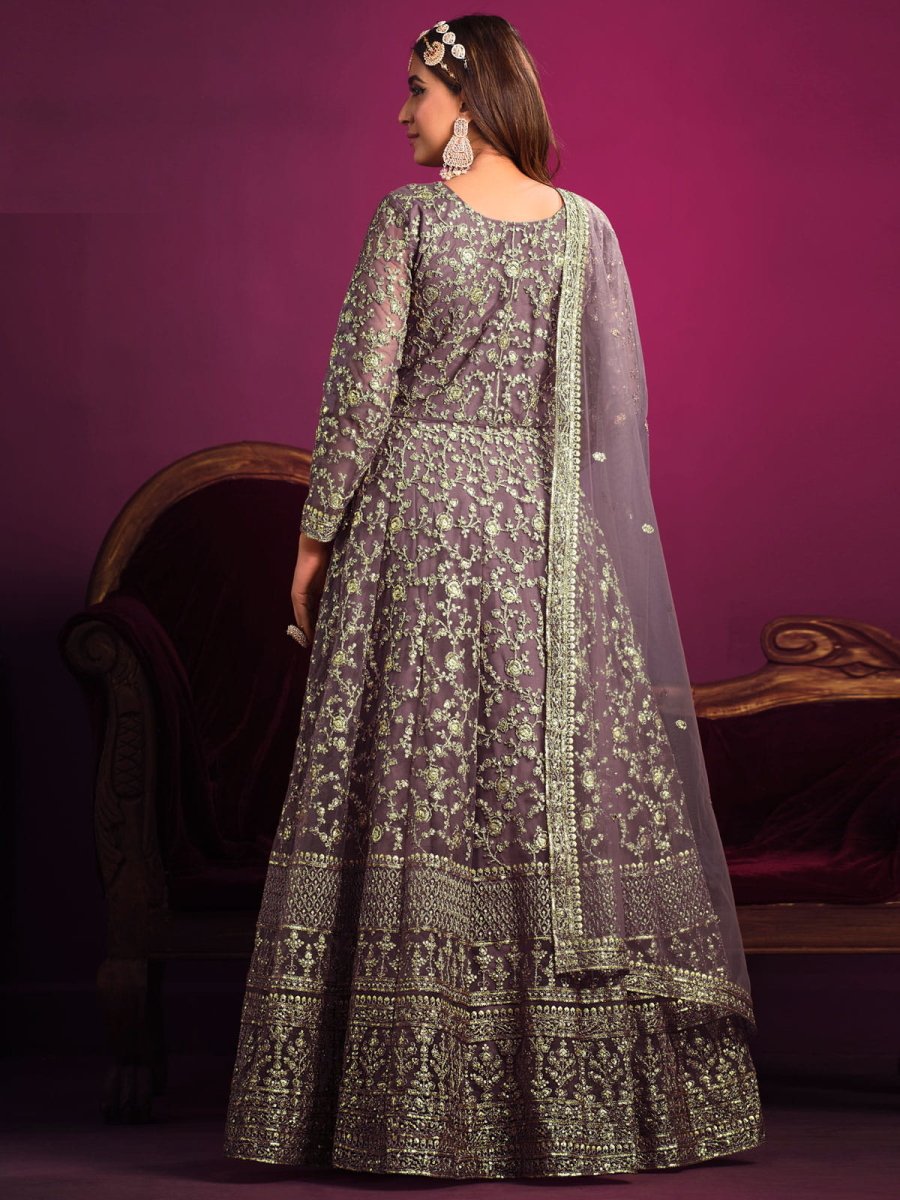 Mauve Net Partywear Anarkali-Suit - Inddus.com