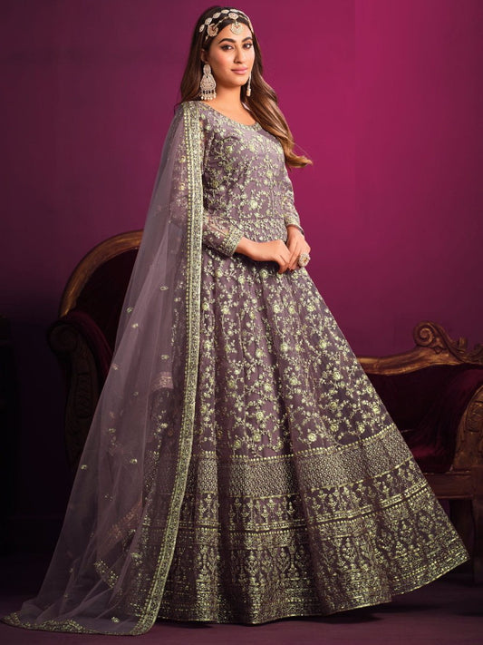 Mauve Net Partywear Anarkali-Suit - Inddus.com