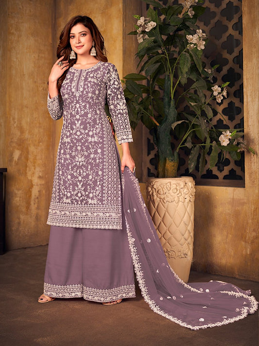 Mauve Net Partywear Palazzo Suit - Inddus.com