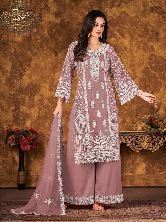 Mauve Net Partywear Palazzo Suit - Inddus.com