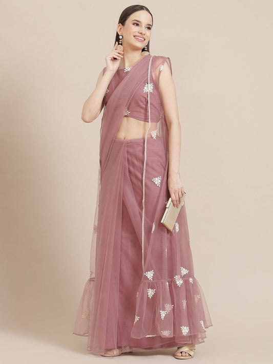 Mauve Net Saree with Jacket - Inddus.com