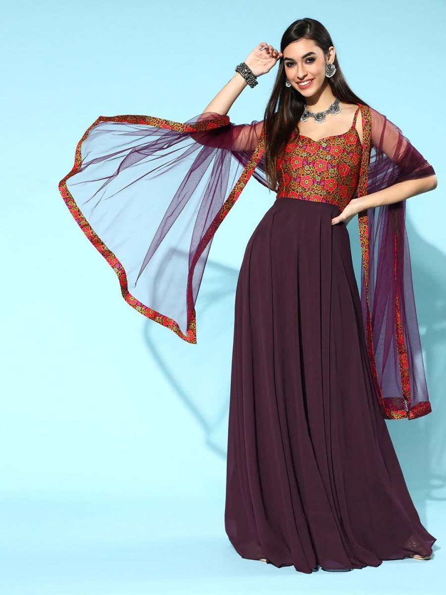 Mauve Party Wear Kurta with Dupatta - Inddus.com