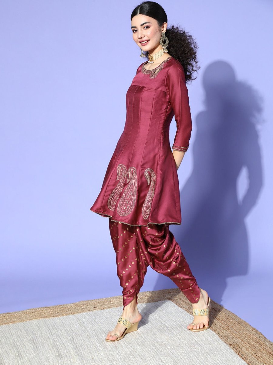 Mauve Poly Georgette Dhoti Set - Inddus.com