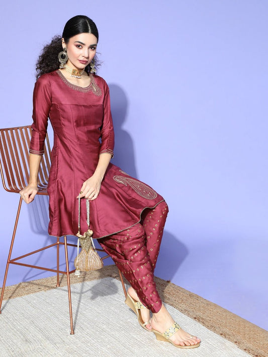 Mauve Poly Georgette Dhoti Set - Inddus.com