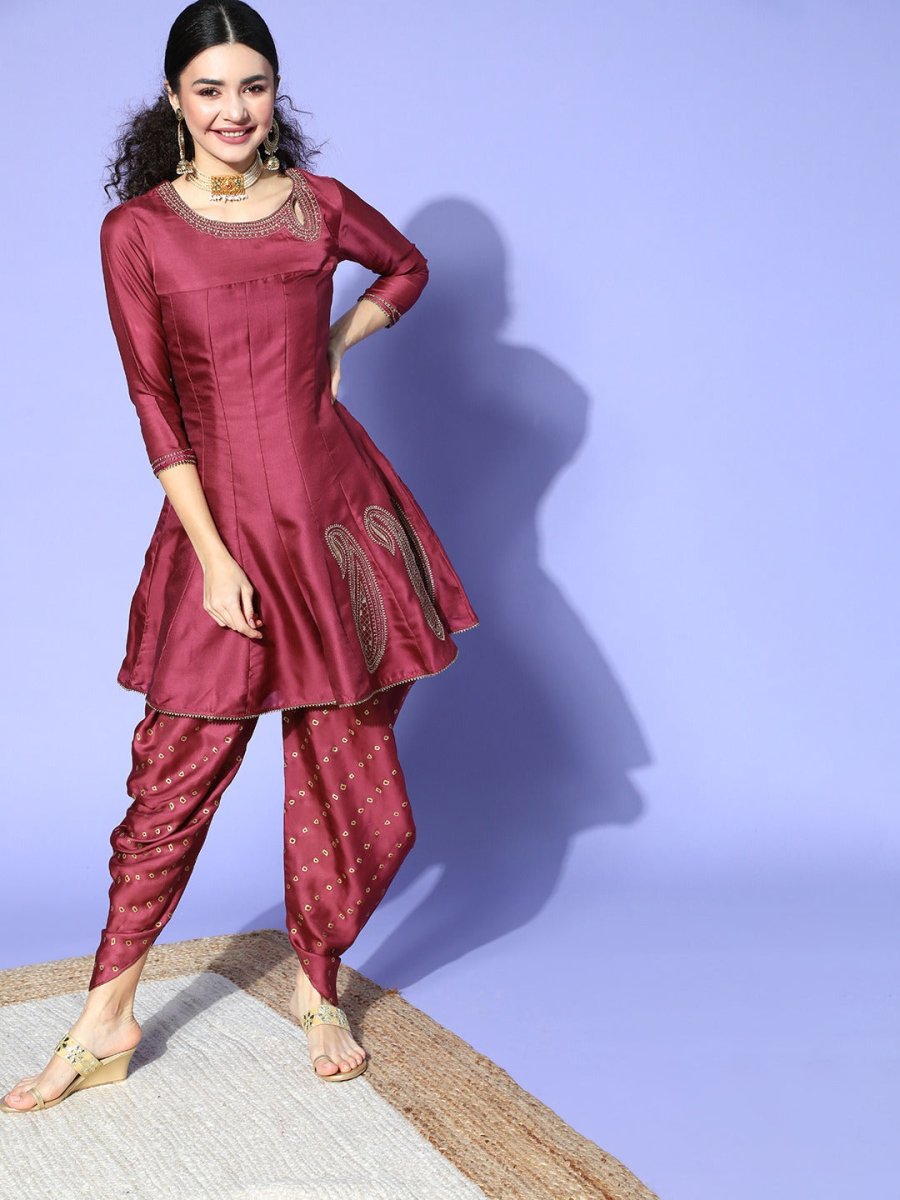 Mauve Poly Georgette Dhoti Set - Inddus.com