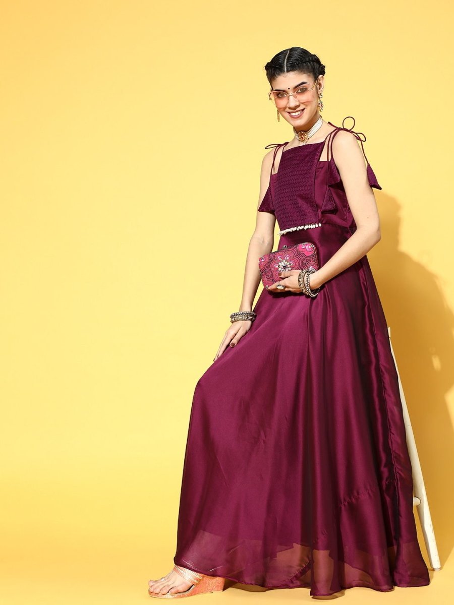 Mauve Poly Silk Partywear Self Design Dresses - Inddus.com