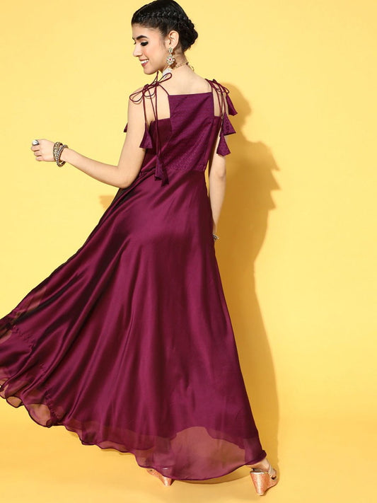 Mauve Poly Silk Partywear Self Design Dresses - Inddus.com